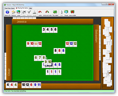 A sample game of RRRummy (like Tile Rummy), with four players. The player is adding his green 9 and 10 to an existing meld on the table.